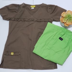 Women's scrub set brown top & apple green pants